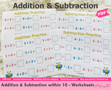 Load image into Gallery viewer, Addition and Subtraction Worksheets, Preschool and PreK Worksheets