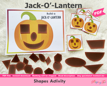 Load image into Gallery viewer, Build Jack O Lantern, Fall/ Autumn themed Shapes Activities