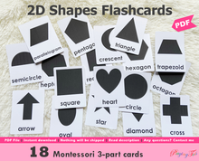 Load image into Gallery viewer, 2D Shapes Flashcards, Montessori 3-part cards
