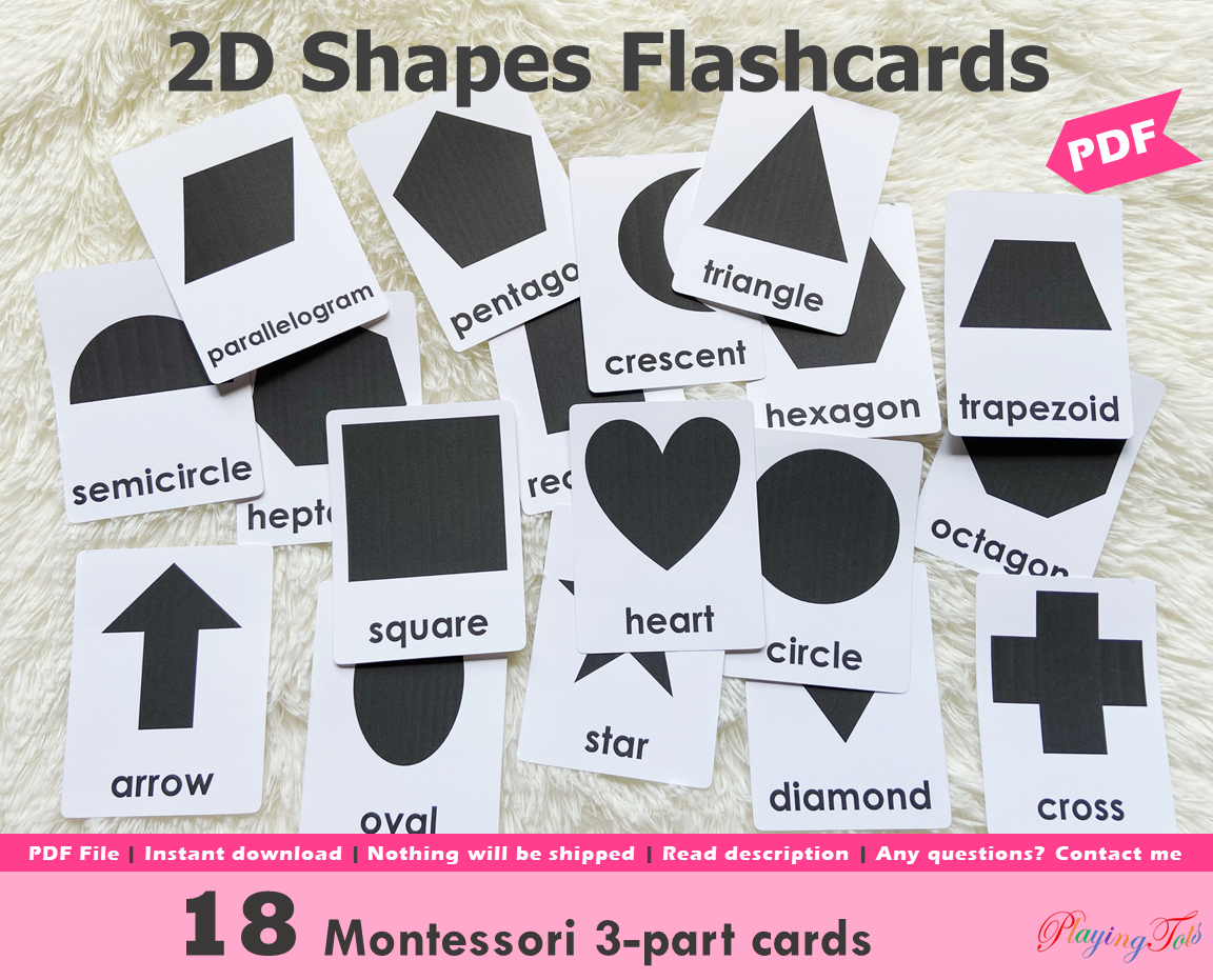 2D Shapes Flashcards, Montessori 3-part cards