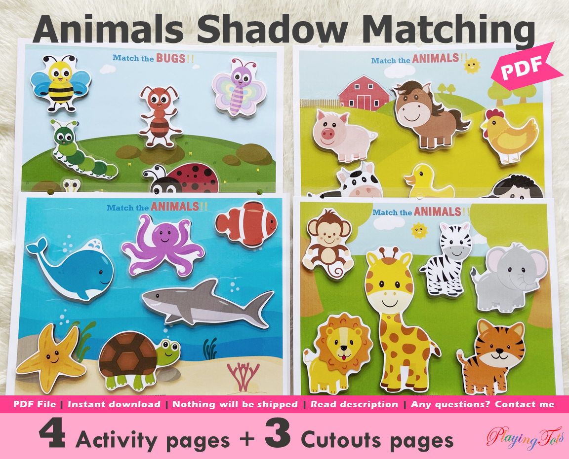 Animals Shadow/ silhouette Matching Activity, Toddler Busy Book, Learning Binder, Quiet Book