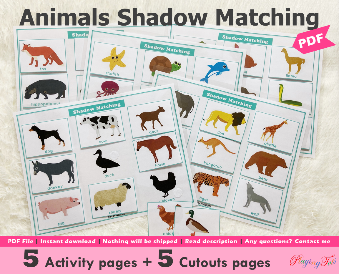 Animals Shadow/ Silhouette Matching Activity, Toddler Busy Book, Learning Binder, Quiet Book