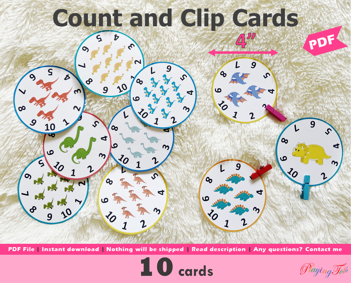 Count and Clip Dinosaur Cards, Toddler, Preschool, Prek Math