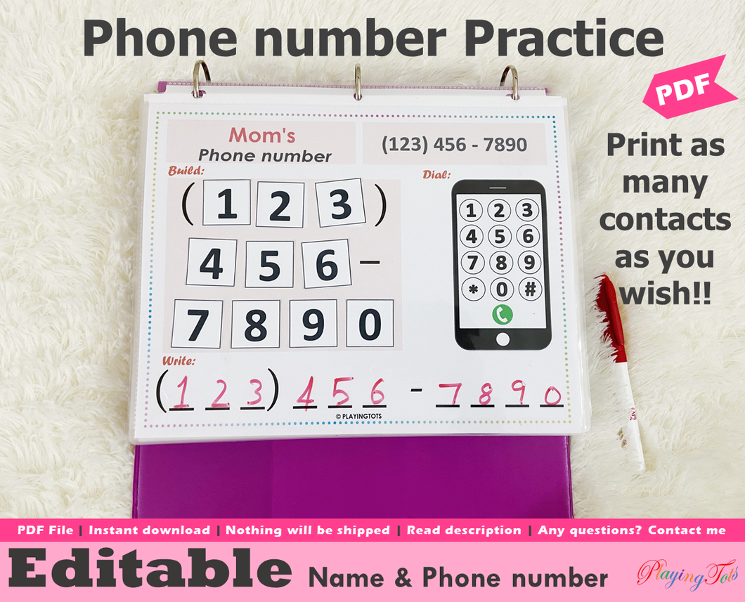Editable Phone Number Practice Activity, Learn Emergency Contact Numbers Activity