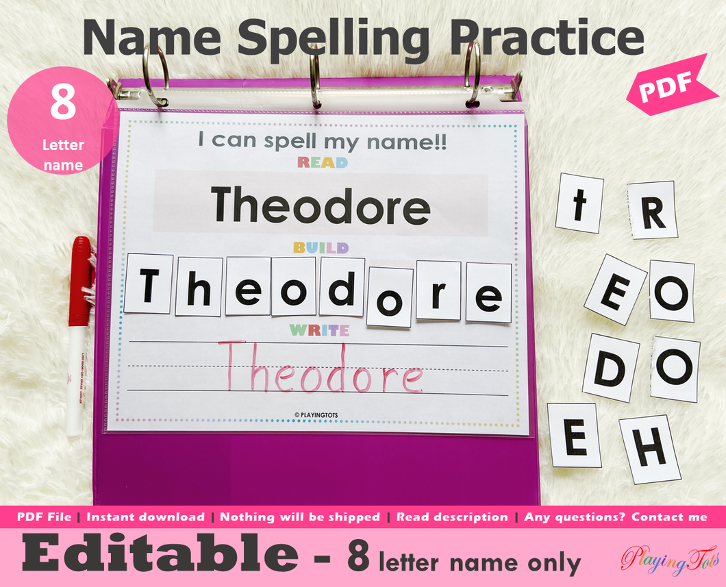 Editable 8 Letter Name Spelling Practice Activity, Name Building and Writing
