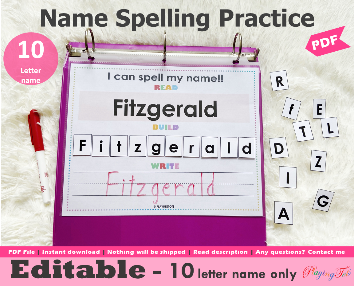 Editable 10 Letter Name Spelling Practice Activity, Name Building and Writing