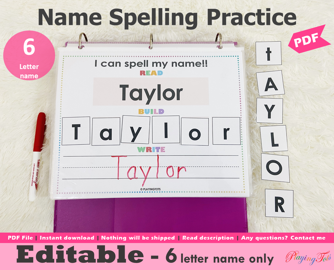 Editable 6 Letter Name Spelling Practice Activity Printable, Name Buil –  Playingtots, image size:1152x931