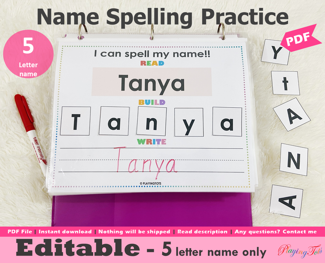 Editable 5 Letter Name Spelling Practice Activity Printable, Name Building and Writing