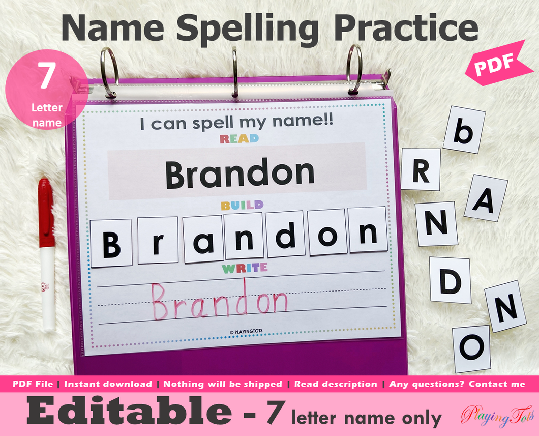 Editable 7 Letter Name Spelling Practice Activity, Name Building and Writing
