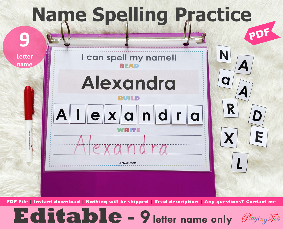 Editable 9 Letter Name Spelling Practice Activity, Name Building and Writing