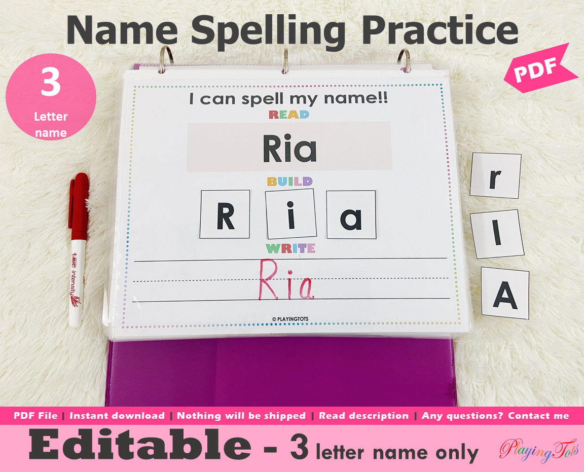 Editable 3 Letter Name Spelling Practice Activity Printable, Name Building and Writing