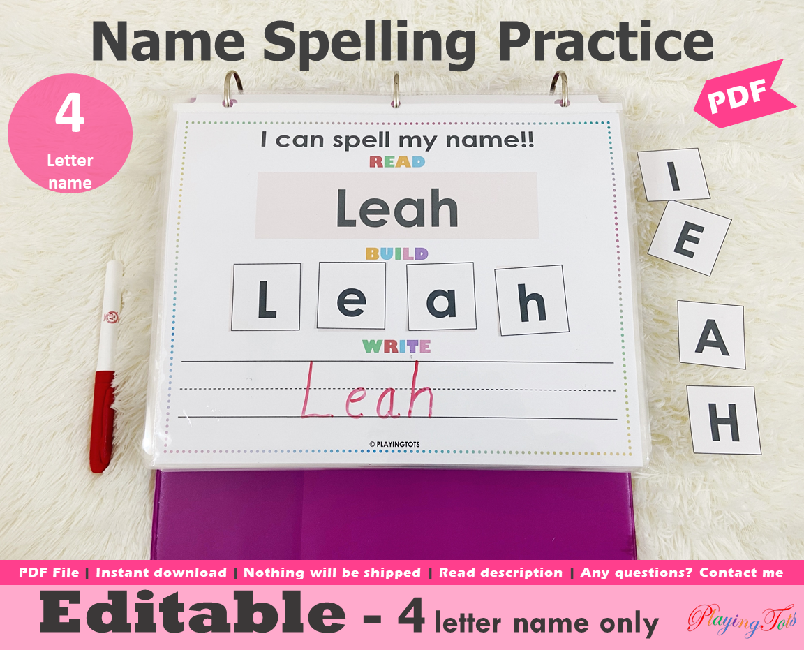 Editable 4 Letter Name Spelling Practice Activity Printable, Name Building and Writing