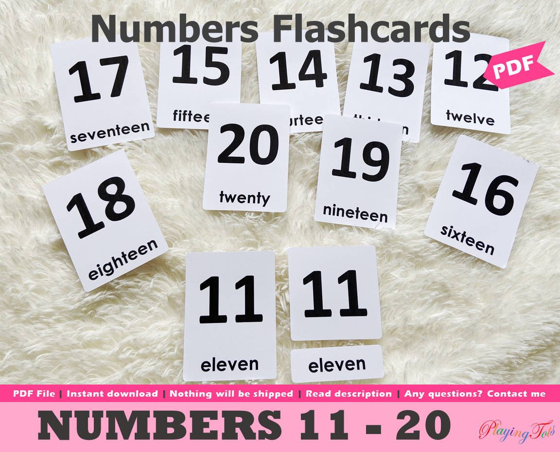 Number Flashcards 11 - 20, Montessori 3-part cards