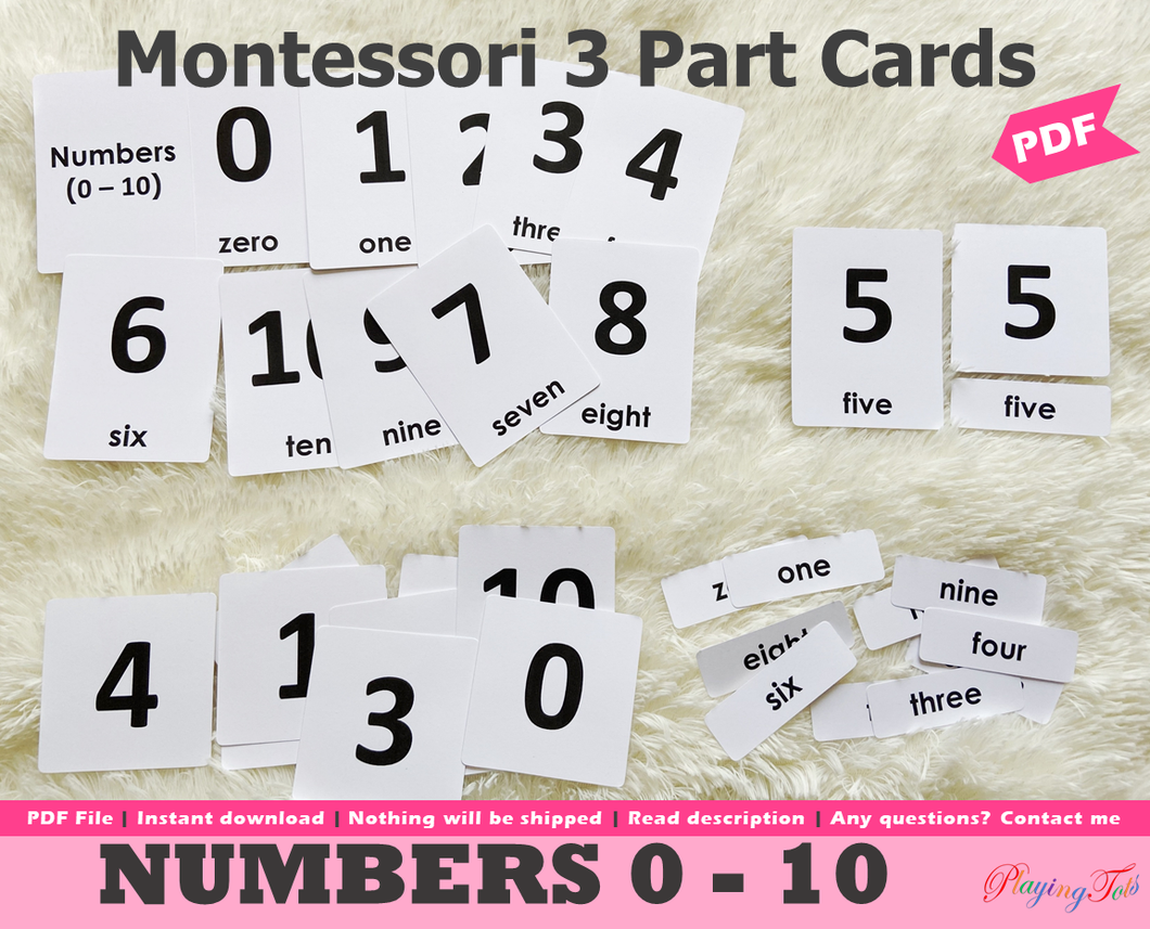 Number Flashcards, Montessori 3-part cards