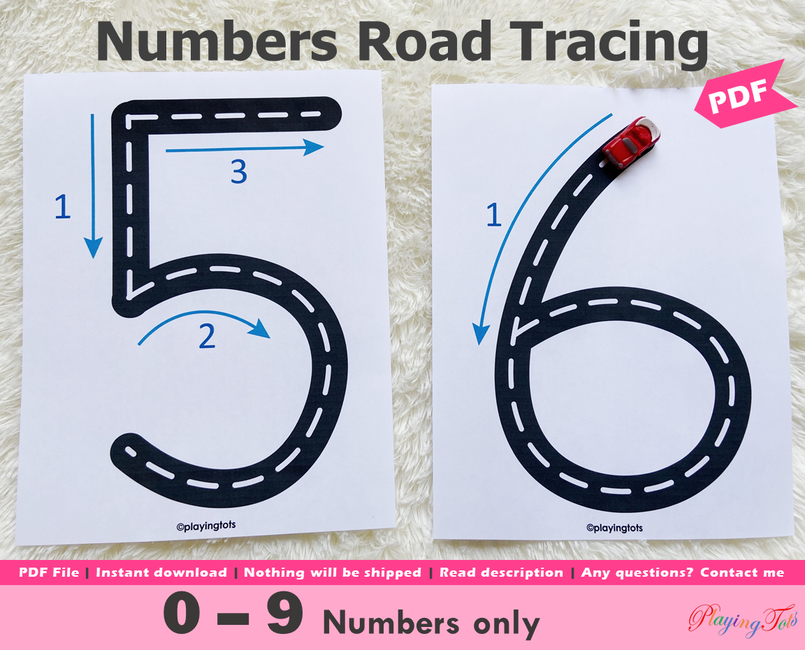 Numbers 0 to 9 Tracing Road Mats