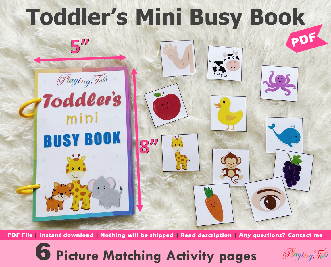 Toddler Mini Busy Book, Travel Size Activity Book, Pictures Matching